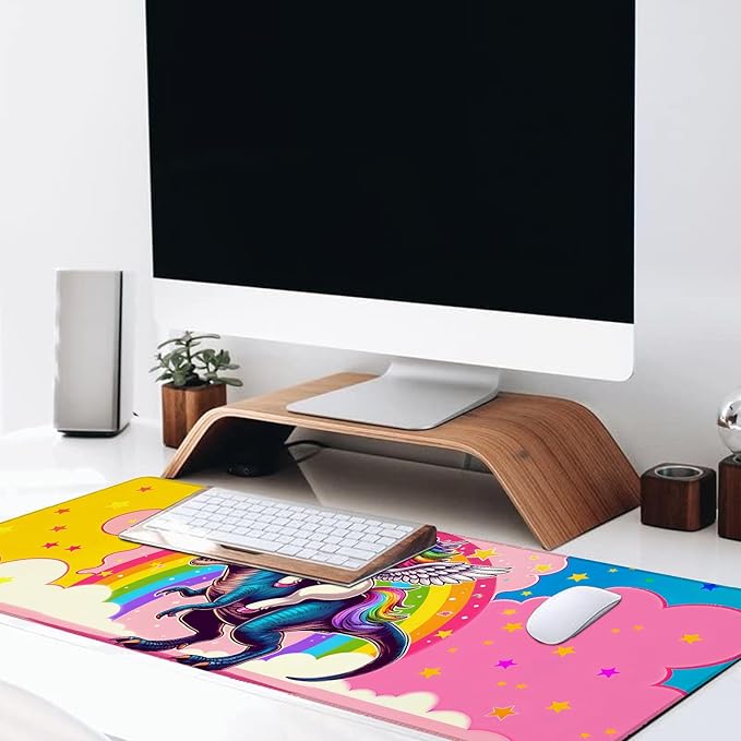 Fun Unicorn Dinosaur Large Gaming Desk Mat,Rubber Non-Slip Cute Fantasy Mouse Pad,31.5x11.8x0.12in Extended Colorful Mousepad,Game Lover Mice Pads Gifts,Office Home Deskmat Decor