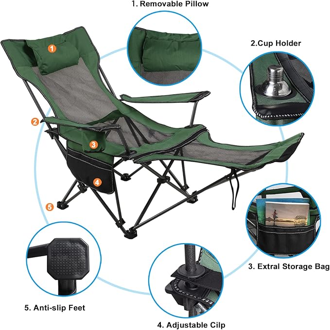 LEADALLWAY Camping Folding Chair with Foot Rest, Collapsible Camp Chair with Cup Holder and Removable Storage Bag, Heavy Duty Beach Chair for Outdoor Camp, Picnic, Travel, Fishing