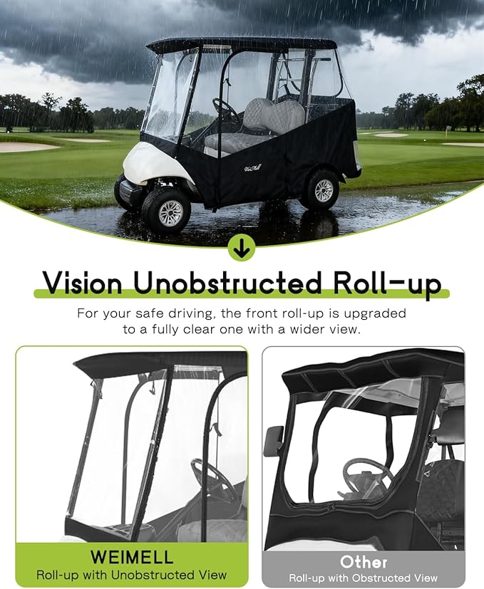 Golf Cart Enclosure 2 Passenger for Yamaha G29 Drive 2 600D Waterproof Windproof Driving Rain Cover Fit 2-Seater Short Roof with 4-Sided Clear Windows Mirror Openings Roll-up Zipper Door Black