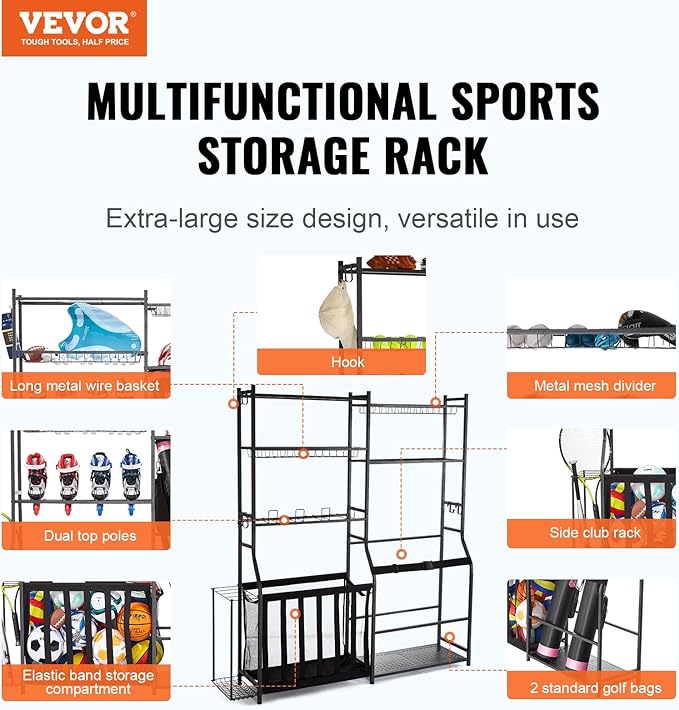 VEVOR Golf Bag Organizer, Golf Bag Storage Rack Stand Holder, Sports Equipment Storage Rack, Golf Storage Organizer for Garage, Sports Gear, Toys Storage Rack Hooks