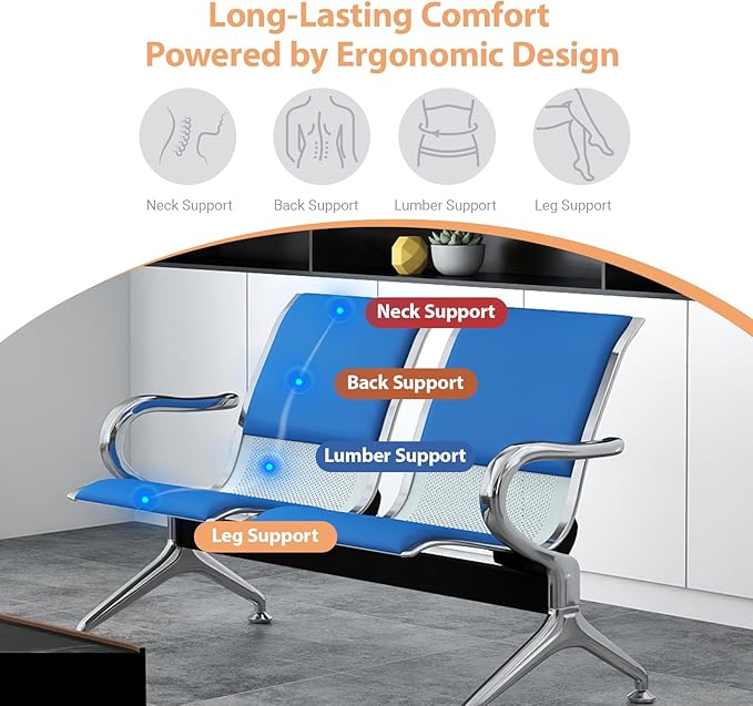 Kinfant Blue 5-Seat Waiting Room Chairs with Arms – Heavy-Duty Steel Frame PU Leather Back & Cushioned Seat, Ergonomic Office Reception Guest Chair for Lobby, Clinic, Airport