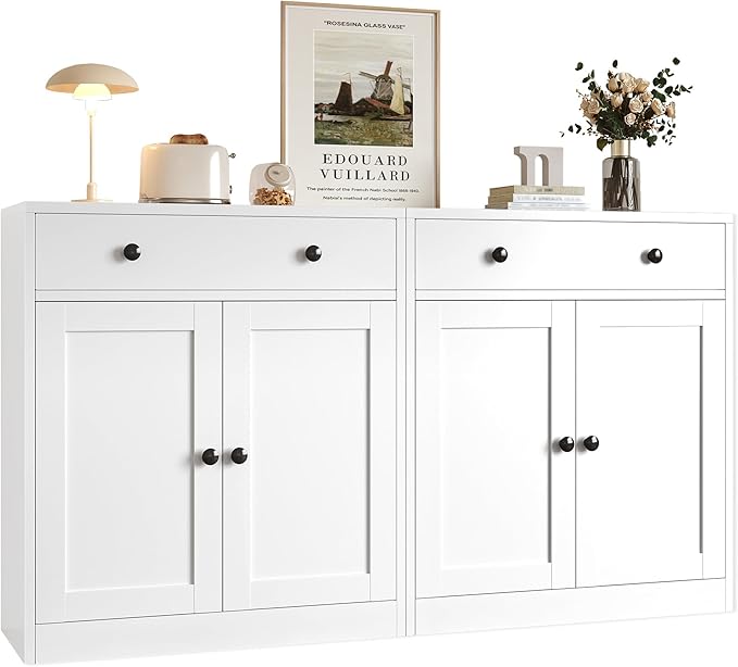 BESFUR Buffet Metal Cabinet with Storage 32”,White Sideboard Farmhouse Storage Cabinet with Adjustable Shelves, 2 Drawer and 4 Doors for Entryway Living Room, Bathroom, Kitchen,Home Office,Apartment