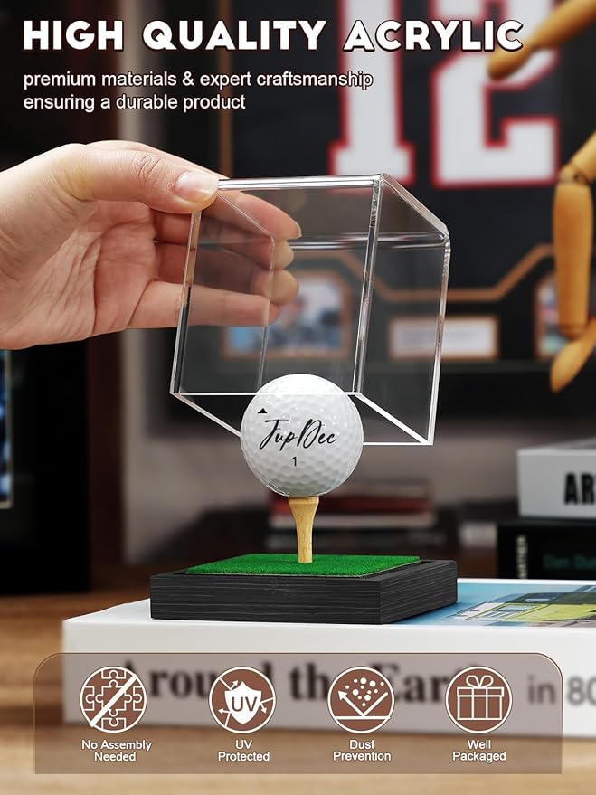 JupDec Golf Ball Display Case Clear Acrylic Memorabilia Stand Cube Holder with Wood Base & Tee, Dust Protection Transparent Storage Box for Single Ball Souvenir Golfball Collections, Black, 1 Pack