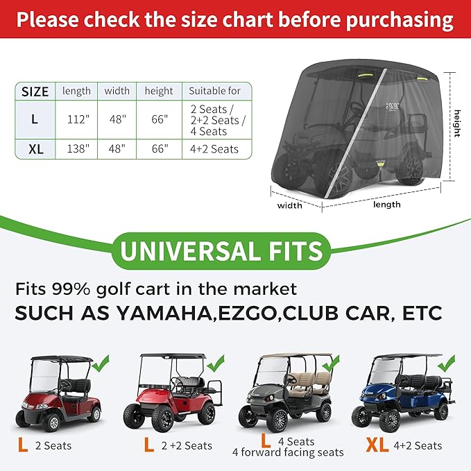 10L0L Heavy Duty 650D Golf Cart Cover for 2/4/6 Passengers EZGO, Club Car and Yamaha, All Weather Outdoor Protection Weatherproof