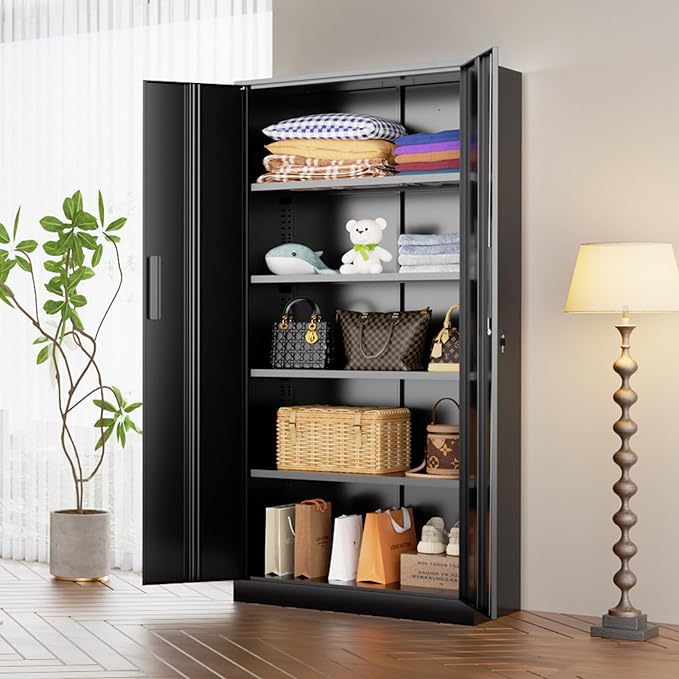 INTERGREAT Black Metal Storage Cabinet, 72" Locking Steel Cabinets with 2 Door and 4 Adjustable Shelves, Tall Metal Cabinet for Home Office, Garage, Warehouse
