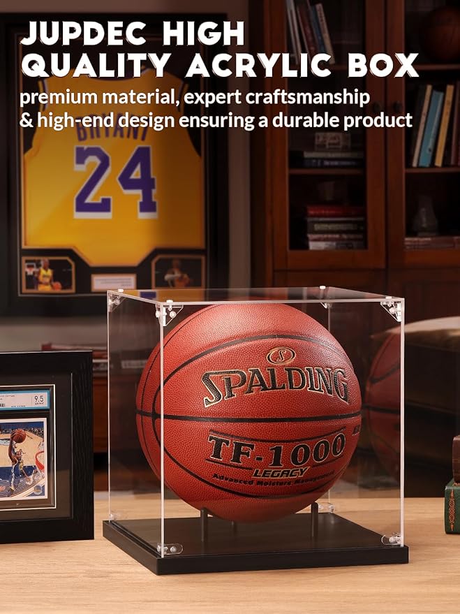 JupDec Basketball Display Case Acrylic Clear 10" Full Size with Solid Wood Base, UV Protected Soccer Display Stand Box for Autographed Standard NBA WNBA Ball Memorabilia Keepsake Ideal Gift, Black
