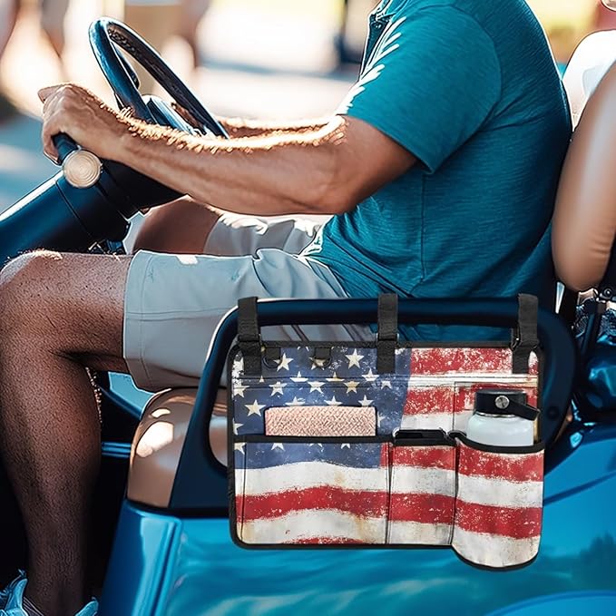 American Flag Golf Cart Bag, Golf Cart Rear Seat Organizer with Open Pockets for Golf Balls & Bottles
