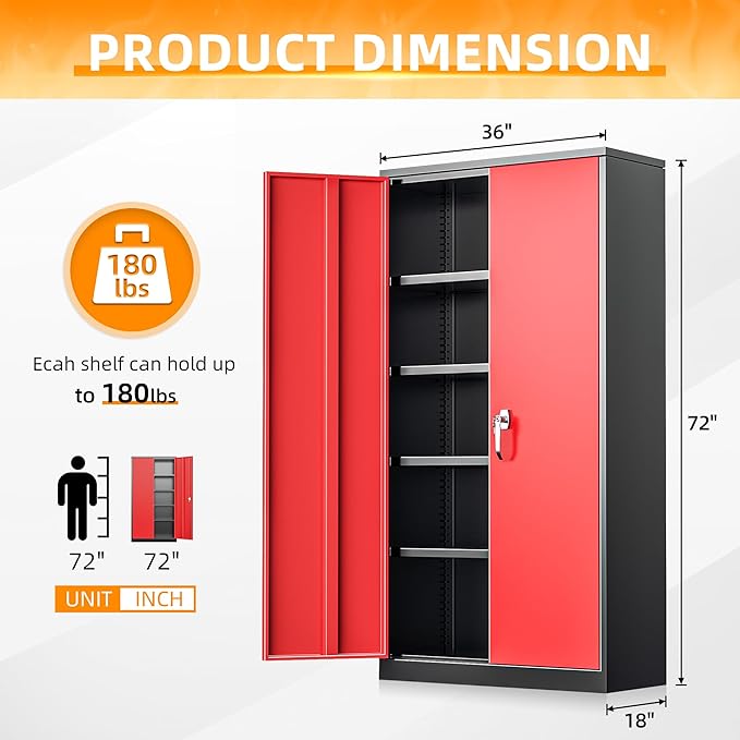 INTERGREAT Metal Storage Cabinet with Doors, 72" Locking Steel Storage Cabinet with Shelves, Tall Metal Cabinet Lockable Steel Cabinets for Home Office, Garage,(Black+Red)