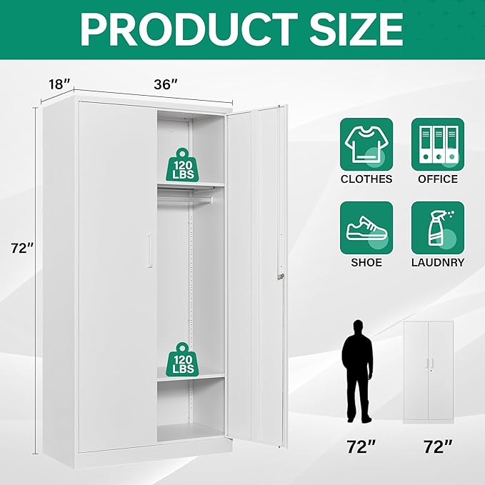 Letaya Metal Wardrobe Cabinets with Lock,Clothing Locker 72" X 36" X 18" Storage Cabinets for Home Room,Fire Department, School, Employee,Gym,Government (White)