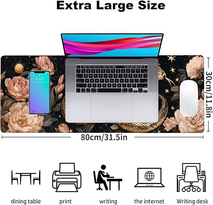 Snake and Moon Gaming Mouse Pad, Office Desk Mat, Anti-Slip Rubber Base Cool Aesthetic Mouse Pads for Computer Laptop Keyboard School Home Desktop Gamer Home Accessories Decor 31.5" x 11.8"