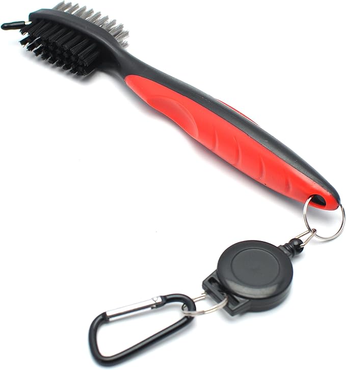 Mile High Life Microfiber Waffle Pattern Golf Towel | Club Groove Cleaner Brush | Foldable Divot Tool with Magnetic Ball Marker (Red Towel/Brush/Fish Divot)