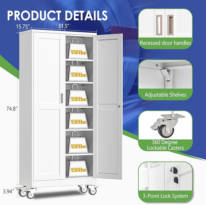 75" Tall Metal Garage Storage Cabinet with Wheels and Locking Doors and Tall Rolling Steel Tool Cabinet with 5 Adjustable Shelves for Garage,Home,Office,Shop (White)
