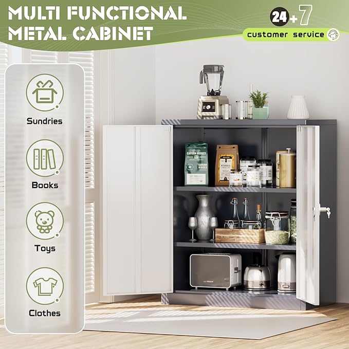 Incbruce 36” Metal Storage Cabinet, Locking Steel Storage Cabinet with 2 Doors and 2 Adjustable Shelves, Small Lockable Tool Storages Cabinet for Garage, Home, Office (Grey White)