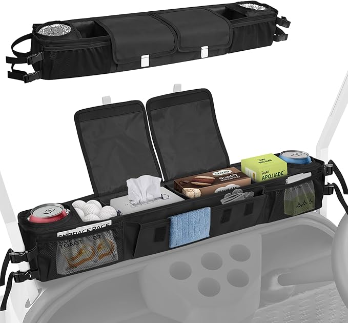 ORKELS Foldable Universal Golf Cart Storage Basket Organizer, No-Drill 1680D Inner Front Caddy for EZGO, Club Car, Kandi, and Electric Carts - Durable Black Organizer