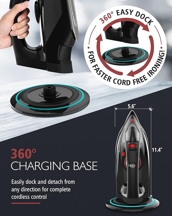 Cordless Iron for Clothes, 1500W Steam Iron with Non-Stick Ceramic Soleplate, Auto Shut Off, Self-Clean, Burst of Steam, Anti-calc, 3 Temperature Settings, 11.84oz Water Tank, Black