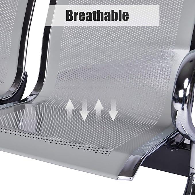 3-Seat Waiting Room Chairs - Waiting Room Bench with Arms Airport Reception Bench Guest Reception Chairs Lobby Bench Waiting Area for Airport Market Bank Hospital School Barbersho, Silver