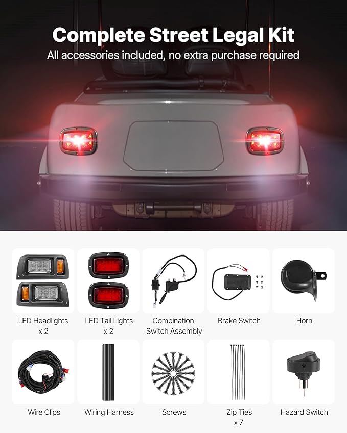 VEVOR Golf Cart Light Kit, 12 Volt, Street Legal LED Headlight and Taillight Kit with Wiring Harness, Turn Signals, Hazard Light, Switch Horn, Brake Pad, Zip Ties, ABS Housing, for Club Car DS 1993-Up