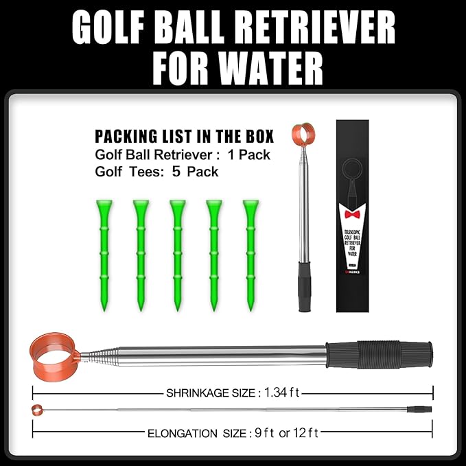 Golf Ball Retriever for Water,Telescopic 12Ft/9Ft Stainless Steel Shaft Two-Sided Easy Pick Up Balls,Unbreakable Head Retriever Tool Golf Accessories Golf Gift for Men