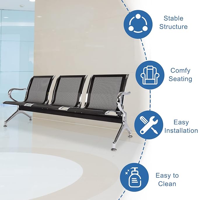 kinbor Waiting Room Chairs - Durable Black Reception Bench with Armrests, 5-Seat Office Reception Guest Chairs for Office, Hospital, Airport, Bank & Lobby