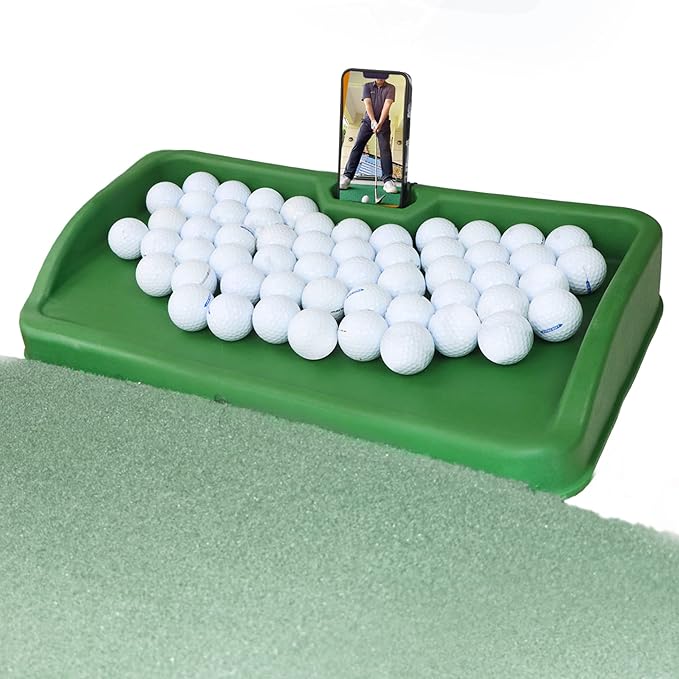 Heavy Duty Golf Ball Tray - with Cell Phone Holder Record Golf Swing - 100 Ball Capacity - High Impact Rubber Golf Tray Compatible with All Hitting Mats