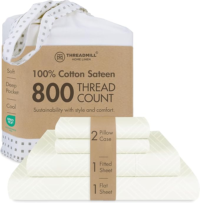 Threadmill Luxury 100% Cotton Full Bed-Sheets - 800 Thread Count Jacquard Celine Ivory,4 Pc Striped Best Sheets for Bed, Damask Sheets with Elasticized Deep Pocket