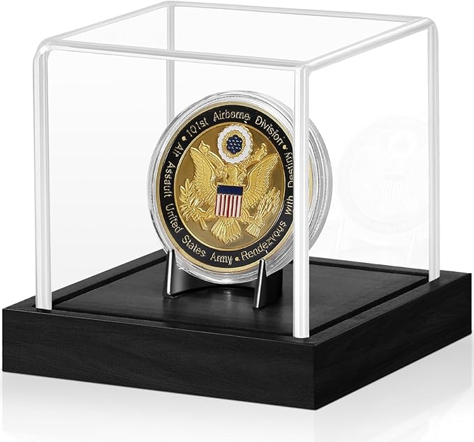 JupDec Coin Display Case, Clear Acrylic Showcase with Wood Base & Alloy Holder for Single Challenge Coin, UV Protection Souvenirs and Collectibles Box, Ideal Gift for Coin Fans, Black
