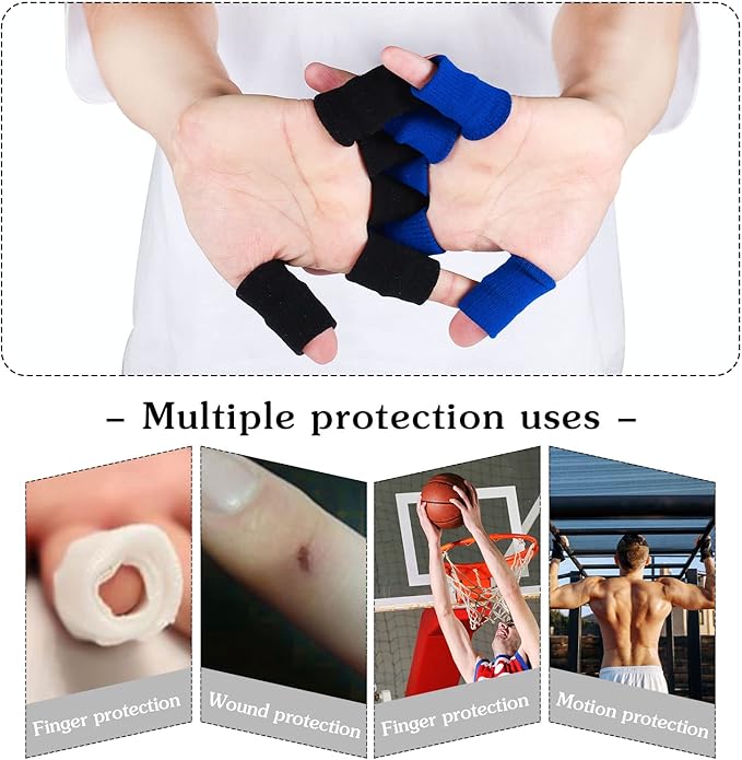 20 PCS Finger Sleeves Protectors, Sport Finger Sleeves Thumb Brace Support Finger Brace Elastic Thumb Sleeves for Relieving Pain Arthritis Trigger Finger (Black, royal blue)