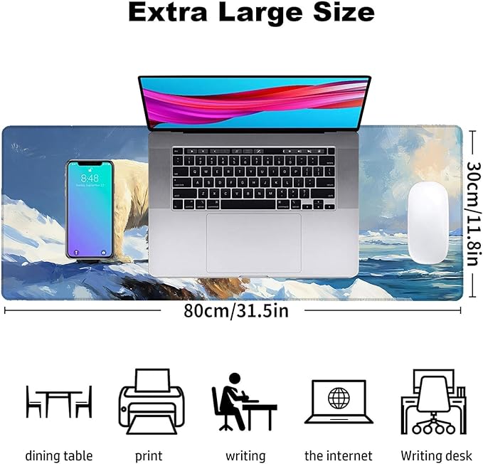 Polar Bear Gaming Mouse Pad, Office Desk Mat, Anti-Slip Rubber Base Cool Aesthetic Mouse Pads for Computer Laptop Keyboard School Home Desktop Gamer Home Accessories Decor 31.5" x 11.8"