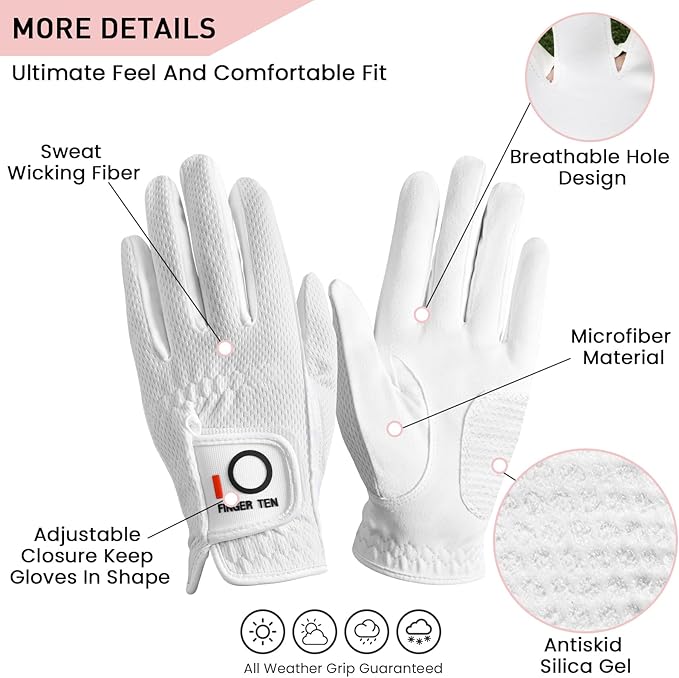 FINGER TEN Womens Golf Glove Right Handed Golfer Left Hand Rain Grip Hot Wet All Weather Value 2 Pack, Golf Gloves Breathable Flexible for Ladies Women