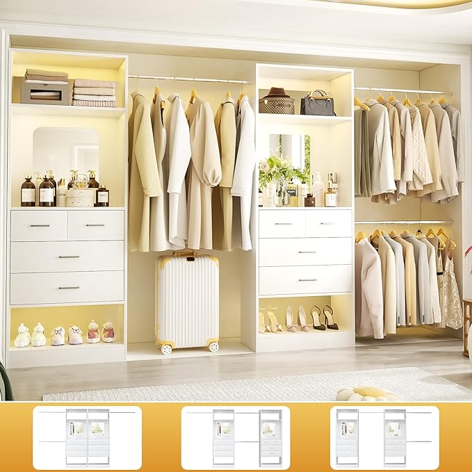 Unikito Closet Systems, 6-14FT Walk in Closet Organizer with 8 Drawers and Mirror, 168" Large Wood Closets Insert with Tower, Sturdy Wardrobe Closets Garment Rack with Extendable Hanging Rods, White
