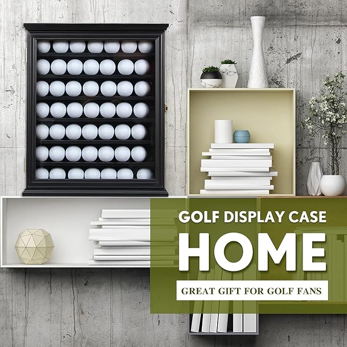 49 Golf Ball Display Case Wall Mount Cabinet Lockable Real Glass Door Solid Wood Frame 98 UV Protection Great Golfer Gift 17.4" H x 14.5" W x 3" D Indentations to Prevent Rolling