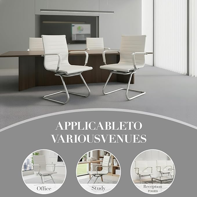 CIMOTA Waiting Room Chairs Leather Office Guest Chair Mid Back Reception Chairs with Sled Base for Meeting/Patient/Conference Room, White Set of 2