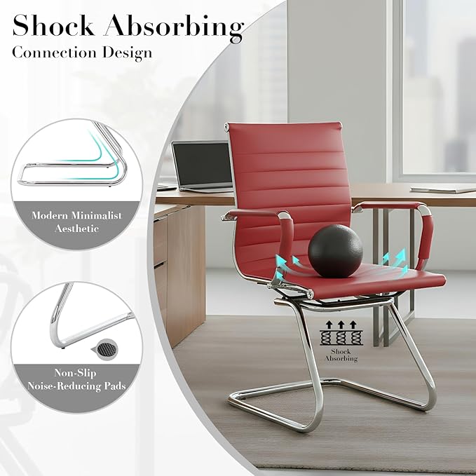 CIMOTA Waiting Room Chairs Leather Office Guest Chair Mid Back Reception Chairs with Sled Base for Meeting/Patient/Conference Room, Red Set of 8