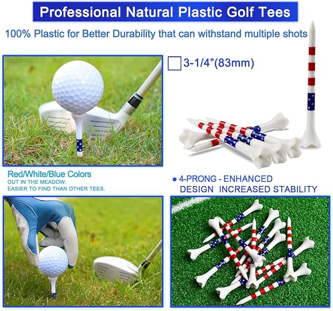 Golf Tees Professional Plastic Golf Tees 3-1/4" - 100 Pack, 4-Prong Golf Tees Plastic, Minimize Friction and Side Spin,Enhanced Durability & Stability, Unbreakable Long Plastic Tees