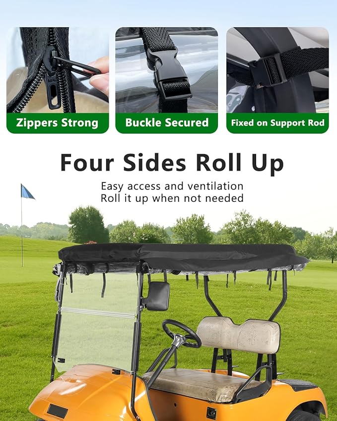 Golf Cart Enclosure 2 Passenger for Ezgo TXT,600D Waterproof Clear Rain Cover Driving Enclosure 2 Seater,Full Roll Up 3 Sided Transparent Windows&door with Heavy Duty Zipper,Side Mirrors Openings