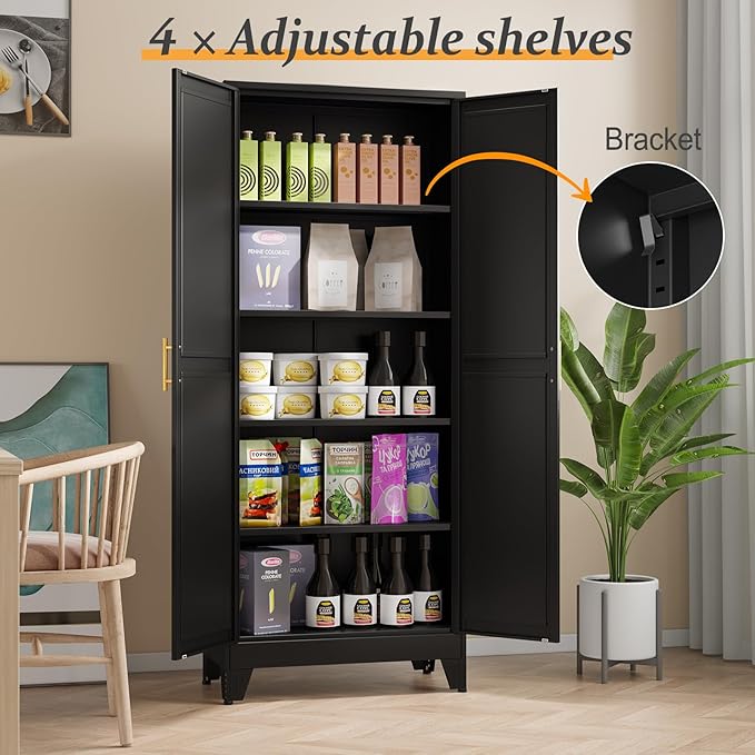 Black Pantry Storage Cabinet,71" Kitchen Pantry with Doors and 4 Adjustable Shelves, Metal Storage Cabinet, for Office, Home, Garage, School