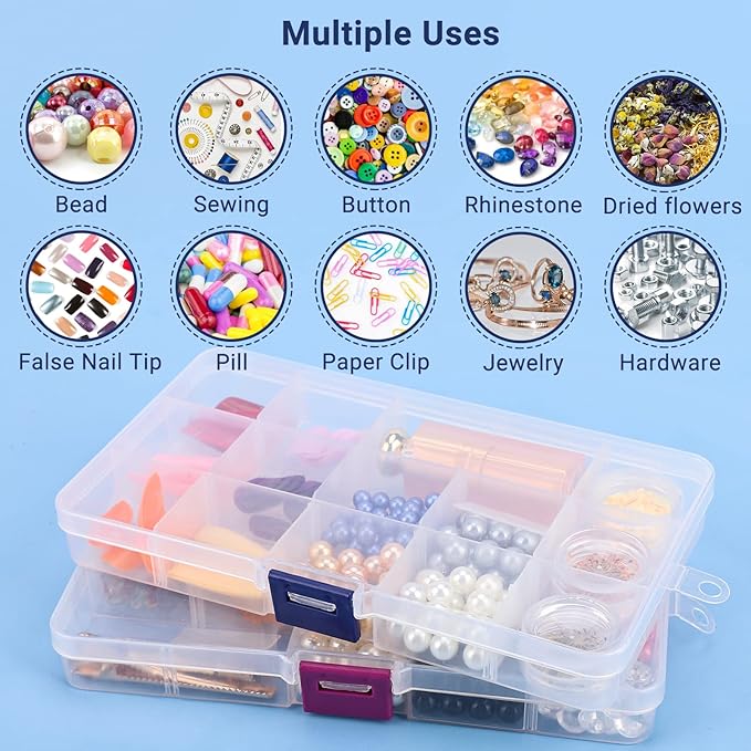 Rhinestone Organizer for Nails, 4PCS Cosics 15-Grid Clear Plastic Acrylic Nail Organizers & Storage Case with Movable Dividers, Empty Jewelry Nail Art Storage Containers Holder, Beading Box with Lids
