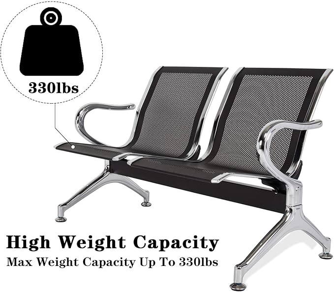 2-Seat Waiting Room Chairs - Waiting Room Bench with Arms Airport Reception Bench Guest Reception Chairs Lobby Bench Waiting Area for Airport Market Bank Hospital School Barbersho, Black