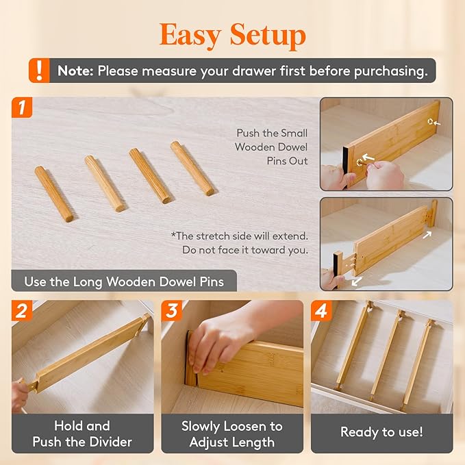 Lifewit 8 Pack 4" High Bamboo Drawer Dividers, 17-21.5" Adjustable Drawer Organizers for Clothes, Wood Dresser Drawer Divider, Expandable Deep Drawer Separators for Dresser, Kitchen, Bedroom, Bathroom