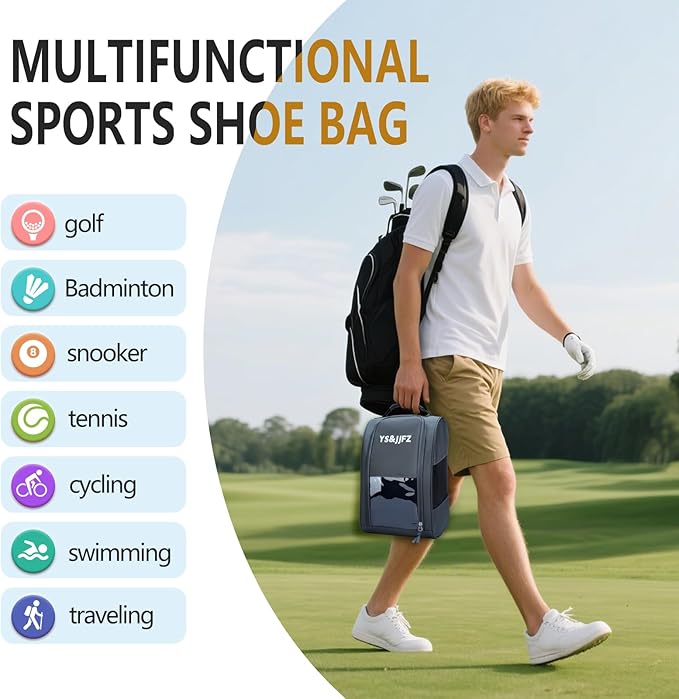 YS&JJFZ Golf Shoe Bag, 2 Pcs Golf Shoes Bag Men/Women Outdoor Zippered shoe bags for travel Tote with Ventilation, 2-sided breathable mesh fabric, front transparent visible film