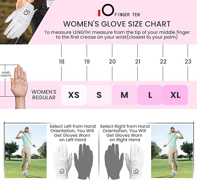 FINGER TEN Golf Gloves Womens Ladies 1 Pack Glove Left Hand for Right Handed Golfer, Wet Hot Cool Rain Grip Weathersof All Weather, Fit Small Medium Large XL