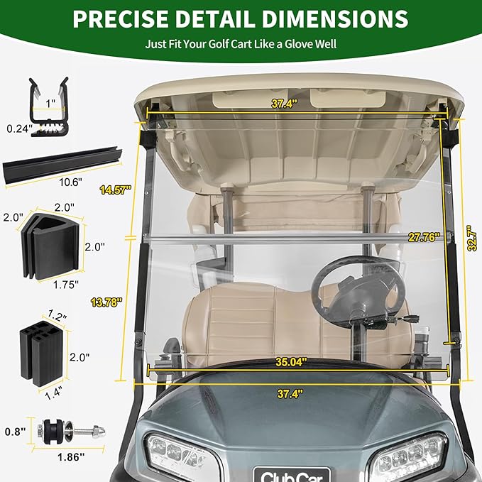Golf Cart Foldable Windshield 3/16" (5MM) Thicken Only Fits Club Car Precedent 2004+, Tempo 2017+, Onward 2017+, 1"×1" Struts Rail Front Folding Acrylic Windshield Replacement - Clear