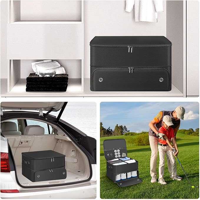 Golf Trunk Organizer for Car, Foldable Golf Storage Box with Ventilated Shoe Compartment, Holds 2 Pair Shoes, Balls, Cap, Gloves, Clothes 17.7x13.3x9.4 inch Car Organizer for Golf Gear (Black)