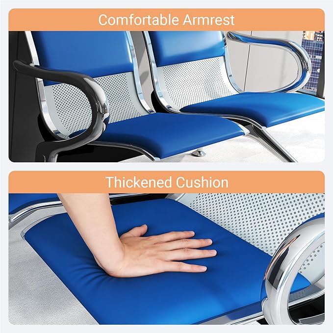 Kinfant 4-Seat Waiting Room Chairs with Arms – Heavy-Duty Steel Frame PU Leather Back & Cushioned Seat, Ergonomic Office Reception Guest Chair for Lobby, Clinic, Airport, Blue