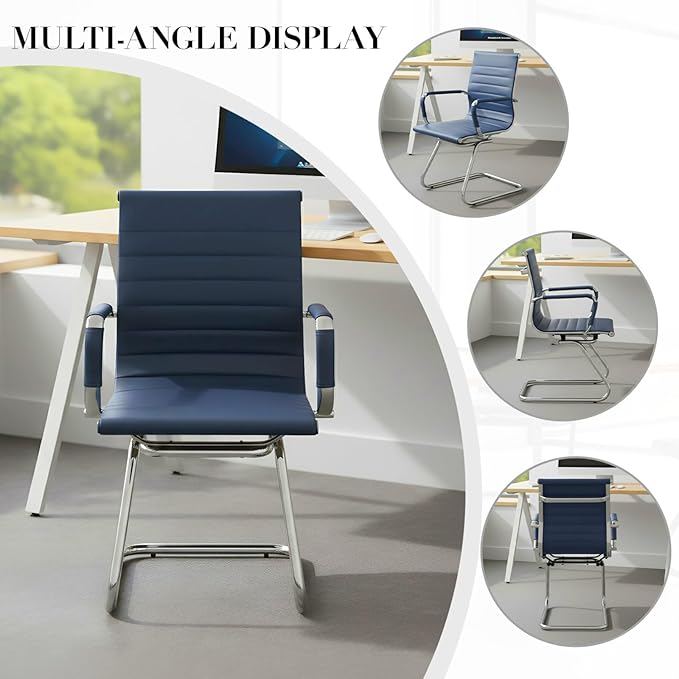 CIMOTA Waiting Room Chairs Leather Office Guest Chair Mid Back Reception Chairs with Sled Base for Meeting/Patient/Conference Room, Navy Set of 6