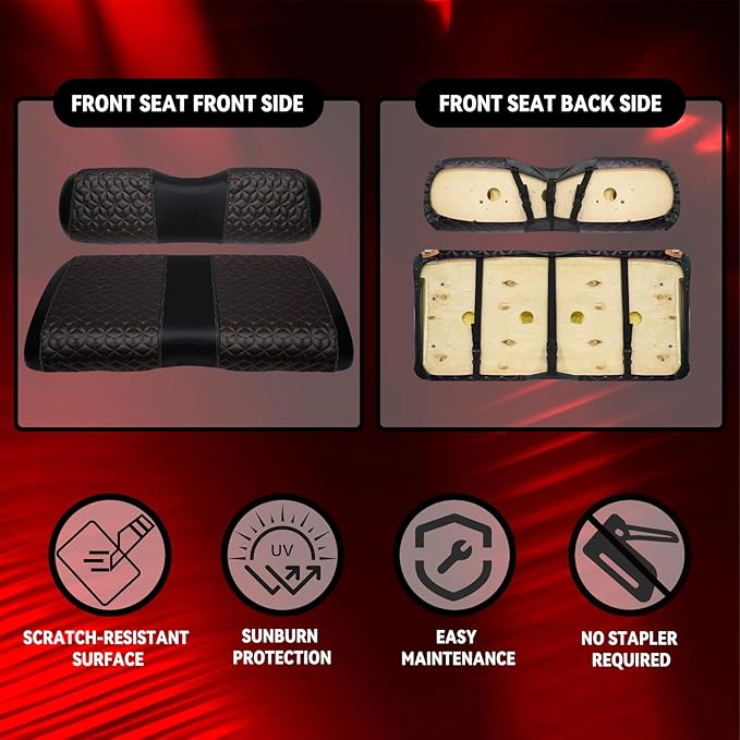 Golf Cart Seat Covers Front for EZGO RXV 2008+ Standard Seat Cushion, EZGO Vinyl Leather Seat Cover Set Replacement Accessories, No Staples, Black(4 PCS)