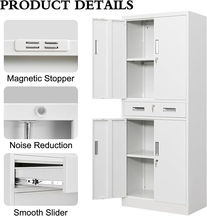 CJF Metal Storage Cabinet with Drawer and Adjustable Shelves, 71" H Locking Storage Cabinet for Pantry Kitchen, Home, Office, Garage, Living Dining Room (White)
