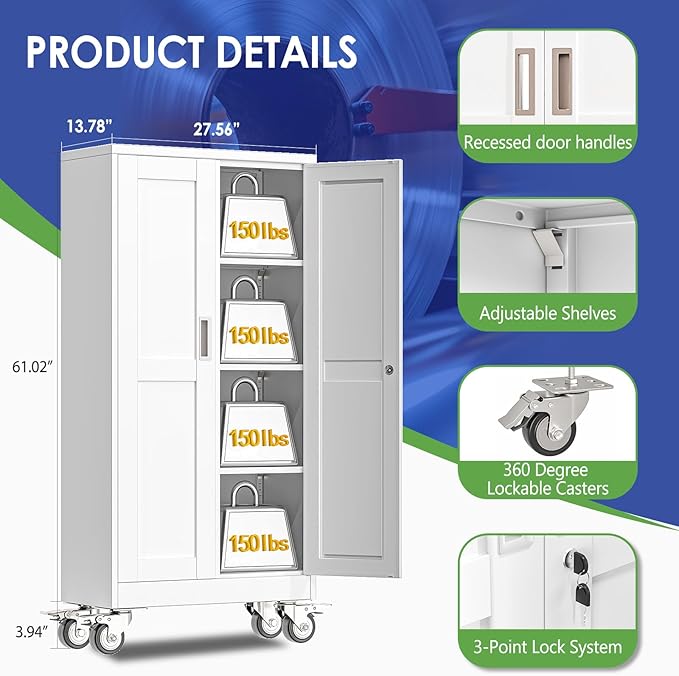 61" Tall Metal Garage Storage Cabinet with Wheels and Locking Doors and Tall Rolling Steel Tool Cabinet with 3 Adjustable Shelves for Garage,Home,Office,Shop (White)