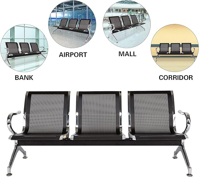Kinfant Waiting Room Chair Bench - Guest Reception Chairs for Airport Hospital Bank Salon Barber Hall Room Conference (3-seat, Black-Mesh)