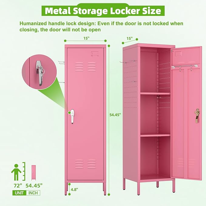 Aobabo 54" H Pink Metal Lockers, Storage Locker Cabinet with Lockable 1 Door and Towel Rack and 2 Side Pegboards with Hooks for Home School Office, Assembly Required